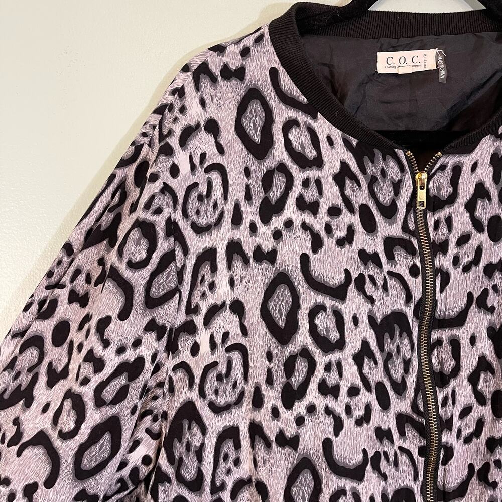 COC Bomber Jacket Womens 1XL Animal Leopard Print Full Zip Black Gray - Picture 4 of 9